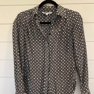 Trina Turk Long Sleeve Silk Blouse Size P Black White Geometric Print